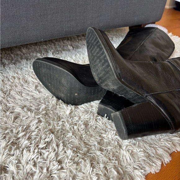 TAHARI. Black over the calf exposed seam black boots with wood stacked heel - Picture 4 of 4